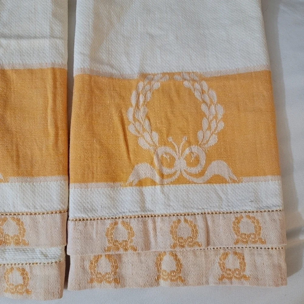 Vintage 50's Woven Tea Towels Jacquard Wreath Bow Ivory Orange Bundle 2 Linen